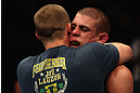 LOS ANGELES, CA - AUGUST 04:  Joe Lauzon celebrates after defeating Jamie Varner in their lightweight bout during the UFC on FOX at Staples Center on August 4, 2012 in Los Angeles, California. Lauzon secured submission by triangle choke.  (Photo by Josh Hedges/Zuffa LLC via Getty Images)