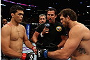 LOS ANGELES, CA - AUGUST 04:  Lyoto Machida (L) pumps fists with Ryan Bader (R) before their light heavyweight bout during the UFC on FOX at Staples Center on August 4, 2012 in Los Angeles, California. Machida won the bout by way of knock out in the second round.  (Photo by Josh Hedges/Zuffa LLC via Getty Images)