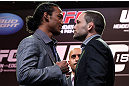 DENVER, CO - AUGUST 09:  (L-R) Opponents Benson Henderson and Frankie Edgar face off during the UFC 150 press conference at the Fillmore Auditorium on August 9, 2012 in Denver, Colorado. (Photo by Josh Hedges/Zuffa LLC/Zuffa LLC via Getty Images)