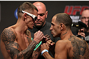 DENVER, CO - AUGUST 10:  (L-R) Opponents Dustin Pague and Chico Camus face off during the UFC 150 weigh in at Pepsi Center on August 10, 2012 in Denver, Colorado. (Photo by Josh Hedges/Zuffa LLC/Zuffa LLC via Getty Images)