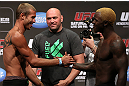 DENVER, CO - AUGUST 10:  (L-R) Opponents Donald "Cowboy" Cerrone and Melvin Guillard shake hands during the UFC 150 weigh in at Pepsi Center on August 10, 2012 in Denver, Colorado. (Photo by Josh Hedges/Zuffa LLC/Zuffa LLC via Getty Images)