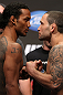 DENVER, CO - AUGUST 10:  (L-R) Opponents Benson Henderson and Frankie Edgar face off during the UFC 150 weigh in at Pepsi Center on August 10, 2012 in Denver, Colorado. (Photo by Josh Hedges/Zuffa LLC/Zuffa LLC via Getty Images)
