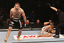 DENVER, CO - AUGUST 11:  Nik Lentz (L) reacts after defeating Eiji Mitsuoka during their featherweight bout at UFC 150 inside Pepsi Center on August 11, 2012 in Denver, Colorado. (Photo by Nick Laham/Zuffa LLC/Zuffa LLC via Getty Images)