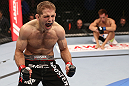 DENVER, CO - AUGUST 11:  Nik Lentz (L) reacts after defeating Eiji Mitsuoka during their featherweight bout at UFC 150 inside Pepsi Center on August 11, 2012 in Denver, Colorado. (Photo by Nick Laham/Zuffa LLC/Zuffa LLC via Getty Images)