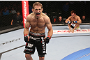 DENVER, CO - AUGUST 11:  Nik Lentz (L) reacts after defeating Eiji Mitsuoka during their featherweight bout at UFC 150 inside Pepsi Center on August 11, 2012 in Denver, Colorado. (Photo by Nick Laham/Zuffa LLC/Zuffa LLC via Getty Images)