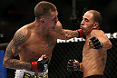 DENVER, CO - AUGUST 11:  (L-R) Dustin Pague punches Chico Camus during their bantamweight bout at UFC 150 inside Pepsi Center on August 11, 2012 in Denver, Colorado. (Photo by Josh Hedges/Zuffa LLC/Zuffa LLC via Getty Images)