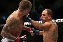 DENVER, CO - AUGUST 11:  (R-L) Chico Camus punches Dustin Pague during their bantamweight bout at UFC 150 inside Pepsi Center on August 11, 2012 in Denver, Colorado. (Photo by Josh Hedges/Zuffa LLC/Zuffa LLC via Getty Images)