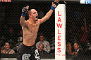 DENVER, CO - AUGUST 11:  Chico Camus reacts after his bout against Dustin Pague at UFC 150 inside Pepsi Center on August 11, 2012 in Denver, Colorado. (Photo by Nick Laham/Zuffa LLC/Zuffa LLC via Getty Images)