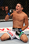 DENVER, CO - AUGUST 11:  Erik Perez reacts after knocking out Ken Stone during their bantamweight bout at UFC 150 inside Pepsi Center on August 11, 2012 in Denver, Colorado. (Photo by Nick Laham/Zuffa LLC/Zuffa LLC via Getty Images)