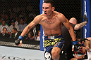 DENVER, CO - AUGUST 11:  Max Holloway reacts after knocking out Justin Lawrence during their featherweight bout at UFC 150 inside Pepsi Center on August 11, 2012 in Denver, Colorado. (Photo by Nick Laham/Zuffa LLC/Zuffa LLC via Getty Images)