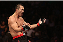 DENVER, CO - AUGUST 11:  Yushin Okami reacts after defeating Buddy Roberts during their middleweight bout at UFC 150 inside Pepsi Center on August 11, 2012 in Denver, Colorado. (Photo by Nick Laham/Zuffa LLC/Zuffa LLC via Getty Images)