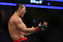 DENVER, CO - AUGUST 11:  Yushin Okami reacts after defeating Buddy Roberts during their middleweight bout at UFC 150 inside Pepsi Center on August 11, 2012 in Denver, Colorado. (Photo by Josh Hedges/Zuffa LLC/Zuffa LLC via Getty Images)
