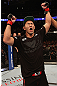 DENVER, CO - AUGUST 11:  Yushin Okami reacts after defeating Buddy Roberts during their middleweight bout at UFC 150 inside Pepsi Center on August 11, 2012 in Denver, Colorado. (Photo by Nick Laham/Zuffa LLC/Zuffa LLC via Getty Images)