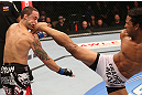 DENVER, CO - AUGUST 11:  (R-L) Benson Henderson kicks Frankie Edgar during their lightweight championship bout at UFC 150 inside Pepsi Center on August 11, 2012 in Denver, Colorado. (Photo by Nick Laham/Zuffa LLC/Zuffa LLC via Getty Images)