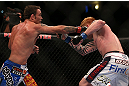 DENVER, CO - AUGUST 11:  (L-R) Jake Shields punches Ed Herman during their middleweight bout at UFC 150 inside Pepsi Center on August 11, 2012 in Denver, Colorado. (Photo by Josh Hedges/Zuffa LLC/Zuffa LLC via Getty Images)