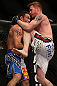 DENVER, CO - AUGUST 11:  (R-L) Ed Herman delivers a knee strike to the head of Jake Shields during their middleweight bout at UFC 150 inside Pepsi Center on August 11, 2012 in Denver, Colorado. (Photo by Josh Hedges/Zuffa LLC/Zuffa LLC via Getty Images)