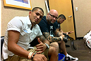 DENVER, CO - AUGUST 11:  UFC fighter Anthony "Showtime" Pettis in the locker room with teammate Chico Camus while attending UFC 150 inside Pepsi Center on August 11, 2012 in Denver, Colorado. (Zuffa LLC)