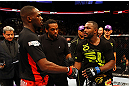 ATLANTA, GA - APRIL 21:  Jon Jones (L) shakes hands wiith Rashad Evans after defeating him by unanimous decision in their light heavyweight title bout for UFC 145 at Philips Arena on April 21, 2012 in Atlanta, Georgia.  (Photo by Al Bello/Zuffa LLC/Zuffa LLC via Getty Images)