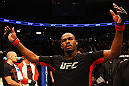 ATLANTA, GA - APRIL 21:  Jon Jones celebrates defeating Rashad Evans by unanimous decision in their light heavyweight title bout for UFC 145 at Philips Arena on April 21, 2012 in Atlanta, Georgia.  (Photo by Al Bello/Zuffa LLC/Zuffa LLC via Getty Images)