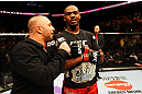 ATLANTA, GA - APRIL 21:  Jon Jones is interviewed after defeating Rashad Evans by unanimous decision in their light heavyweight title bout for UFC 145 at Philips Arena on April 21, 2012 in Atlanta, Georgia.  (Photo by Al Bello/Zuffa LLC/Zuffa LLC via Getty Images)