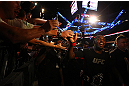 ATLANTA, GA - APRIL 21:  Jon Jones celebrates with fans after defeating Rashad Evans by unanimous decision in their light heavyweight title bout for UFC 145 at Philips Arena on April 21, 2012 in Atlanta, Georgia.  (Photo by Al Bello/Zuffa LLC/Zuffa LLC via Getty Images)