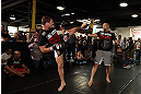 TORONTO, CANADA - SEPTEMBER 19:   Michael Bisping works out for fans and media during the UFC 152 open workouts at Xtreme Couture Gym on September 19, 2012 in Toronto, Ontario, Canada.  (Photo by Josh Hedges/Zuffa LLC/Zuffa LLC via Getty Images)