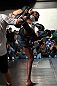 TORONTO, CANADA - SEPTEMBER 19:   Jon "Bones" Jones works out for fans and media during the UFC 152 open workouts at Xtreme Couture Gym on September 19, 2012 in Toronto, Ontario, Canada.  (Photo by Josh Hedges/Zuffa LLC/Zuffa LLC via Getty Images)