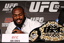 TORONTO, CANADA - SEPTEMBER 20: Jon ''Bones'' Jones interacts with media during the UFC 152 pre-fight press conference at Real Sports Bar and Grill on September 20, 2012 in Toronto, Ontario, Canada. (Photo by Josh Hedges/Zuffa LLC/Zuffa LLC via Getty Images)