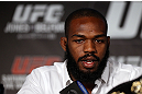 TORONTO, CANADA - SEPTEMBER 20: Jon ''Bones'' Jones interacts with media during the UFC 152 pre-fight press conference at Real Sports Bar and Grill on September 20, 2012 in Toronto, Ontario, Canada. (Photo by Josh Hedges/Zuffa LLC/Zuffa LLC via Getty Images)