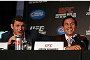 TORONTO, CANADA - SEPTEMBER 20: (L-R) Michael Bisping and Joseph Benavidez interact with media during the UFC 152 pre-fight press conference at Real Sports Bar and Grill on September 20, 2012 in Toronto, Ontario, Canada. (Photo by Josh Hedges/Zuffa LLC/Zuffa LLC via Getty Images)
