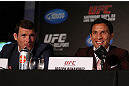 TORONTO, CANADA - SEPTEMBER 20: (L-R) Michael Bisping and Joseph Benavidez interact with media during the UFC 152 pre-fight press conference at Real Sports Bar and Grill on September 20, 2012 in Toronto, Ontario, Canada. (Photo by Josh Hedges/Zuffa LLC/Zuffa LLC via Getty Images)
