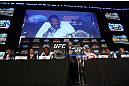 TORONTO, CANADA - SEPTEMBER 20: Jon ''Bones'' Jones interacts with media during the UFC 152 pre-fight press conference at Real Sports Bar and Grill on September 20, 2012 in Toronto, Ontario, Canada. (Photo by Josh Hedges/Zuffa LLC/Zuffa LLC via Getty Images)