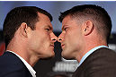 TORONTO, CANADA - SEPTEMBER 20: (L-R) Opponents Michael Bisping and Brian Stann face off during the UFC 152 pre-fight press conference at Real Sports Bar and Grill on September 20, 2012 in Toronto, Ontario, Canada. (Photo by Josh Hedges/Zuffa LLC/Zuffa LLC via Getty Images)