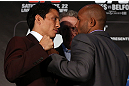 TORONTO, CANADA - SEPTEMBER 20: (L-R) Opponents Joseph Benavidez and Demetrious Johnson face off during the UFC 152 pre-fight press conference at Real Sports Bar and Grill on September 20, 2012 in Toronto, Ontario, Canada. (Photo by Josh Hedges/Zuffa LLC/Zuffa LLC via Getty Images)