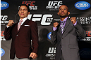 TORONTO, CANADA - SEPTEMBER 20: (L-R) Opponents Joseph Benavidez and Demetrious Johnson pose for photos during the UFC 152 pre-fight press conference at Real Sports Bar and Grill on September 20, 2012 in Toronto, Ontario, Canada. (Photo by Josh Hedges/Zuffa LLC/Zuffa LLC via Getty Images)