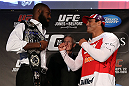 TORONTO, CANADA - SEPTEMBER 20: (L-R) Opponents Jon ''Bones'' Jones and Vitor Belfort face off during the UFC 152 pre-fight press conference at Real Sports Bar and Grill on September 20, 2012 in Toronto, Ontario, Canada. (Photo by Josh Hedges/Zuffa LLC/Zuffa LLC via Getty Images)