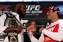 TORONTO, CANADA - SEPTEMBER 20: (L-R) Opponents Jon "Bones" Jones and Vitor Belfort face off during the UFC 152 pre-fight press conference at Real Sports Bar and Grill on September 20, 2012 in Toronto, Ontario, Canada. (Photo by Josh Hedges/Zuffa LLC/Zuffa LLC via Getty Images)