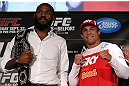 TORONTO, CANADA - SEPTEMBER 20: (L-R) Opponents Jon "Bones" Jones and Vitor Belfort pose for photos during the UFC 152 pre-fight press conference at Real Sports Bar and Grill on September 20, 2012 in Toronto, Ontario, Canada. (Photo by Josh Hedges/Zuffa LLC/Zuffa LLC via Getty Images)