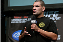 TORONTO, CANADA - SEPTEMBER 21:   Cain Velasquez interacts with fans during a Q&A session before the UFC 152 weigh in at Mattamy Athletic Centre at the Gardens on September 21, 2012 in Toronto, Ontario, Canada.  (Photo by Josh Hedges/Zuffa LLC/Zuffa LLC via Getty Images)