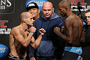 TORONTO, CANADA - SEPTEMBER 21: (L-R) Opponents Mitch Gagnon and Walel Watson face off during the UFC 152 weigh in at Mattamy Athletic Centre at the Gardens on September 21, 2012 in Toronto, Ontario, Canada. (Photo by Josh Hedges/Zuffa LLC/Zuffa LLC via Getty Images)