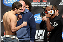 TORONTO, CANADA - SEPTEMBER 21: (L-R) Opponents Jimy Hettes and Marcus Brimage face off during the UFC 152 weigh in at Mattamy Athletic Centre at the Gardens on September 21, 2012 in Toronto, Ontario, Canada. (Photo by Josh Hedges/Zuffa LLC/Zuffa LLC via Getty Images)