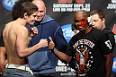 TORONTO, CANADA - SEPTEMBER 21: (L-R) Opponents Jimy Hettes and Marcus Brimage face off during the UFC 152 weigh in at Mattamy Athletic Centre at the Gardens on September 21, 2012 in Toronto, Ontario, Canada. (Photo by Josh Hedges/Zuffa LLC/Zuffa LLC via Getty Images)