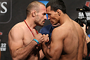 TORONTO, CANADA - SEPTEMBER 21: (L-R) Opponents Igor Pokrajac and Vinny Magalhaes face off during the UFC 152 weigh in at Mattamy Athletic Centre at the Gardens on September 21, 2012 in Toronto, Ontario, Canada. (Photo by Josh Hedges/Zuffa LLC/Zuffa LLC via Getty Images)