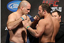 TORONTO, CANADA - SEPTEMBER 21: (L-R) Opponents Matt Hamill and Roger Hollett face off during the UFC 152 weigh in at Mattamy Athletic Centre at the Gardens on September 21, 2012 in Toronto, Ontario, Canada. (Photo by Josh Hedges/Zuffa LLC/Zuffa LLC via Getty Images)