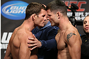 TORONTO, CANADA - SEPTEMBER 21: (L-R) Opponents Michael Bisping and Brian Stann face off during the UFC 152 weigh in at Mattamy Athletic Centre at the Gardens on September 21, 2012 in Toronto, Ontario, Canada. (Photo by Josh Hedges/Zuffa LLC/Zuffa LLC via Getty Images)