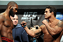 TORONTO, CANADA - SEPTEMBER 21: (L-R) Opponents Jon ''Bones'' Jones and Vitor Belfort face off during the UFC 152 weigh in at Mattamy Athletic Centre at the Gardens on September 21, 2012 in Toronto, Ontario, Canada. (Photo by Mike Roach/Zuffa LLC/Zuffa LLC via Getty Images)