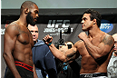 TORONTO, CANADA - SEPTEMBER 21: (L-R) Opponents Jon ''Bones'' Jones and Vitor Belfort face off during the UFC 152 weigh in at Mattamy Athletic Centre at the Gardens on September 21, 2012 in Toronto, Ontario, Canada. (Photo by Mike Roach/Zuffa LLC/Zuffa LLC via Getty Images)