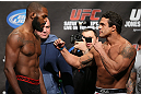 TORONTO, CANADA - SEPTEMBER 21: (L-R) Opponents Jon "Bones" Jones and Vitor Belfort face off during the UFC 152 weigh in at Mattamy Athletic Centre at the Gardens on September 21, 2012 in Toronto, Ontario, Canada. (Photo by Josh Hedges/Zuffa LLC/Zuffa LLC via Getty Images)