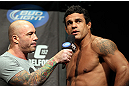 TORONTO, CANADA - SEPTEMBER 21: (R-L) Vitor Belfort is interviewed by Joe Rogan during the UFC 152 weigh in at Mattamy Athletic Centre at the Gardens on September 21, 2012 in Toronto, Ontario, Canada. (Photo by Mike Roach/Zuffa LLC/Zuffa LLC via Getty Images)