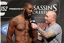 TORONTO, CANADA - SEPTEMBER 21: Jon "Bones" Jones (L) is interviewed by Joe Rogan during the UFC 152 weigh in at Mattamy Athletic Centre at the Gardens on September 21, 2012 in Toronto, Ontario, Canada. (Photo by Josh Hedges/Zuffa LLC/Zuffa LLC via Getty Images)